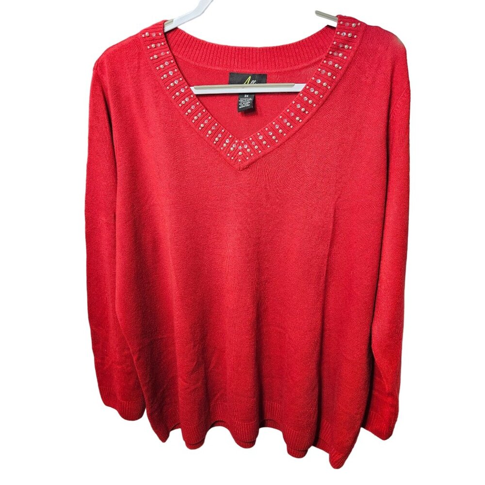 Allegra Red V-Neck Sweater With Studded Neckline - Size 3X